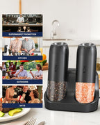 CIRCLE JOY Gravity Sensor Salt and Pepper Grinder Set with Rechargeable Base, Electric Salt and Pepper Grinder Set with External Adjustment, 176ml Capacity and One-handed Operation, Black