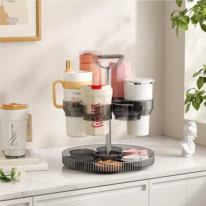 Rotating Coffee Bar Accessories Organizer, 2-Tier Lazy Susan Cup Holder for Stanley 40oz Tumbler with Handle, Countertop Drying Rack Station with Divided Tray for K-Cups, Snacks & Mugs