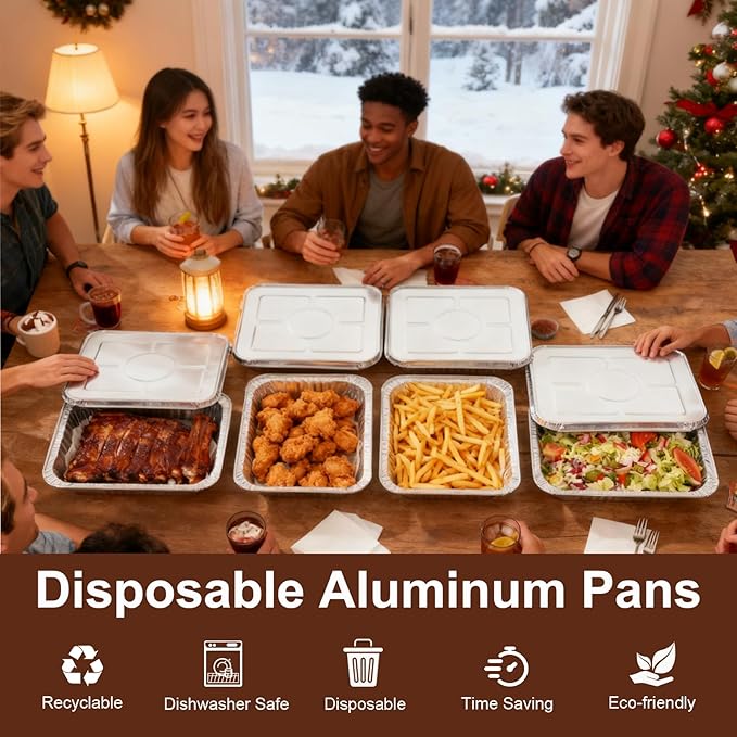 Aluminum Foil Pans 9x13 - Disposable Half Size Deep Steam Table Tin Foil Pans for Oven Baking Cake, Roasting Turkey, Food Prepping, Storing, Freezing, Chafing (25 Pack with Lids)