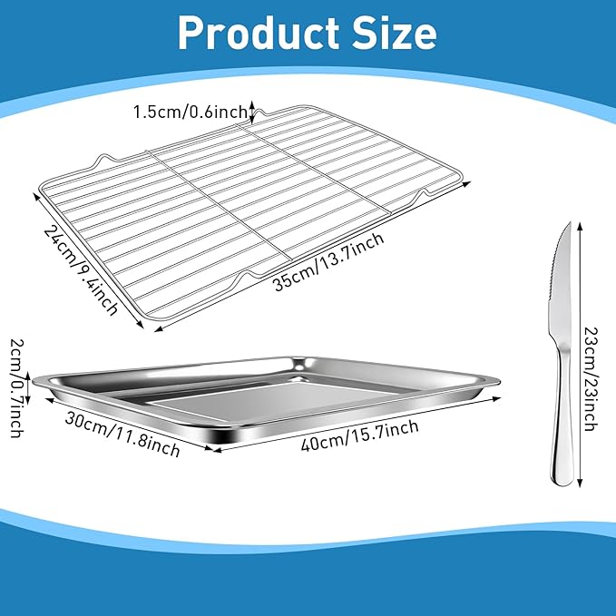 4 PCS Stainless Steel Baking Sheet Set,(2 Sheets + 2 Racks)15.7 X 11.8 Inch Baking Pan with Stainless Steel Fork,Spoon and Knife,Rust Baking Tray Pan for Kitchen Oven,Easy Clean&Durable