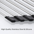 Tomorotec Foldable Stainless Steel Triangle Roll-Up Dish Drying Rack for Small Sink Corners - Over-The-Sink Multipurpose Kitchen Drainer, Rustproof Organizer, Trivet and Shelf - Space-Saving (Black)