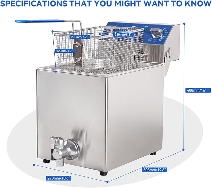 TOPKITCH 8.5Qt Electric Fryer with Oil Drain,30 Minutes Timer,Stretch forming oil tank,Lid and Solid Wire Mesh Basket,Medium Duty Commercial Electric Countertop Deep Fryers-120V,1800W