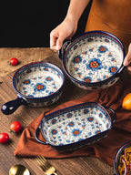 Blue and Orange Flower Vintage Style Ceramic Bakeware Casserole Lasagna Pans Baking Dish with Handles for Oven/Cooking/Kitchen-1 PCS-32 OZ