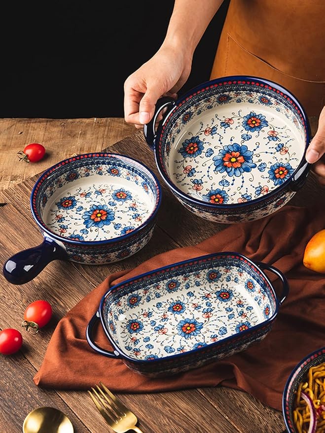 Blue and Orange Flower Vintage Style Ceramic Bakeware Casserole Dish Baking Pan Lasagna Pans Baking Dish with Handles for Oven/Cooking/Kitchen-1 PCS-20 OZ