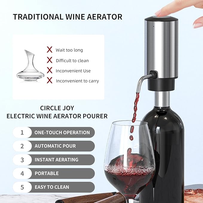 CIRCLE JOY Electric Wine Opener Set 4-in-1 Wine Set with Rechargeable Wine Opener, Rechargeable Wine Aerator Pourer, Foil Cutter and Vacuum Wine Stopper, Gift Set for Wine Lovers, Silver
