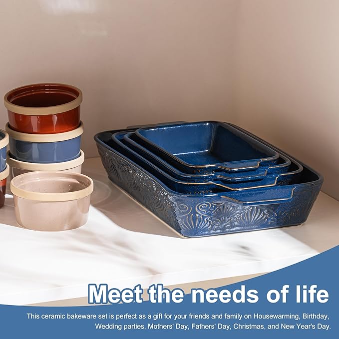 Dafuceramic Casserole Dishes for Oven, Baking Dishes, Ceramic Bakeware Sets of 4, Rectangular Baking Pan Set with Handles for Baking, Casserole, Kitchen, Wedding Gift (Blue)