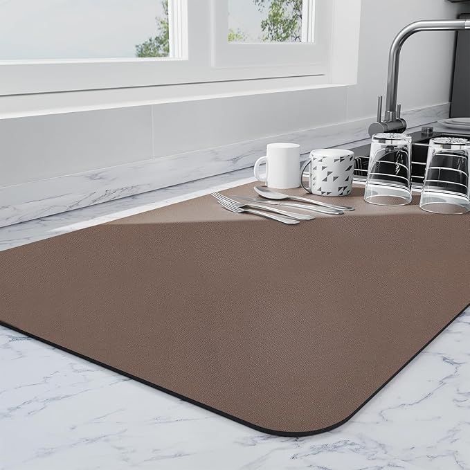 Ecotrim - Dish Drying Mat for Kitchen Counter | Coffee Bar Mat for Countertops | Heat Resistant Drainer Mat with Non-slip Rubber Backed | Hide Stain Kitchen Absorbent Draining Mat | Brown 18"x32"
