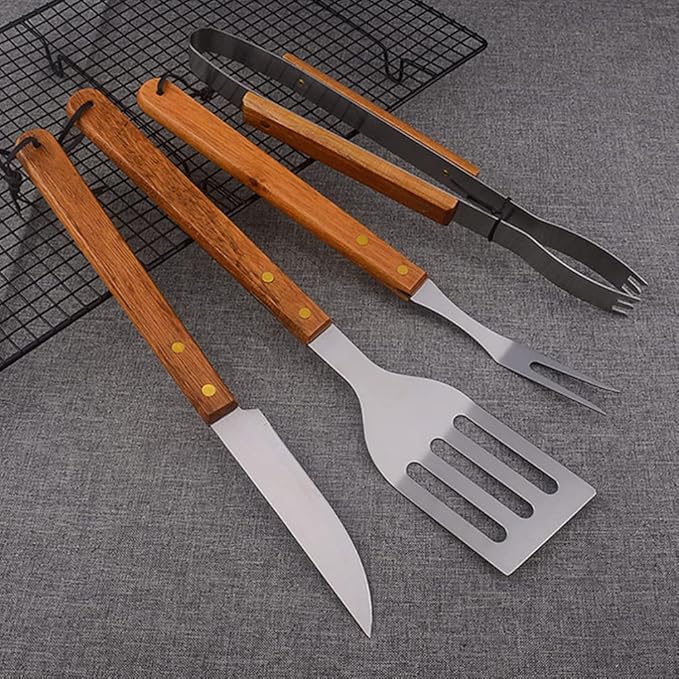 1set Barbecue Tools Wood Handles Portable Grilling Utensil for Outdoor Cooking Camping and BBQ Gatherings
