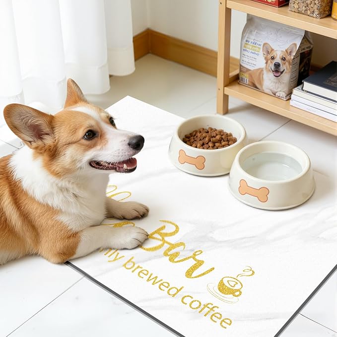 Findosom Dish Drying Mat, 17"x 32" Super Absorbent & Hide Stain Coffee Mat, Cuttable Drying Mat for Kitchen Counter, Coffee Bar Accessories, Under Dish Rack, Coffee Maker, Espresso Machine, White