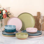 AmorArc Ceramic Dinnerware Sets for 4, 12 Pieces Handpainted Plates and Bowls Set with Rustic Terracotta Underside, Scratch Resistant Stoneware Dishes Set, Dishwasher & Microwave Safe, Multi-Color
