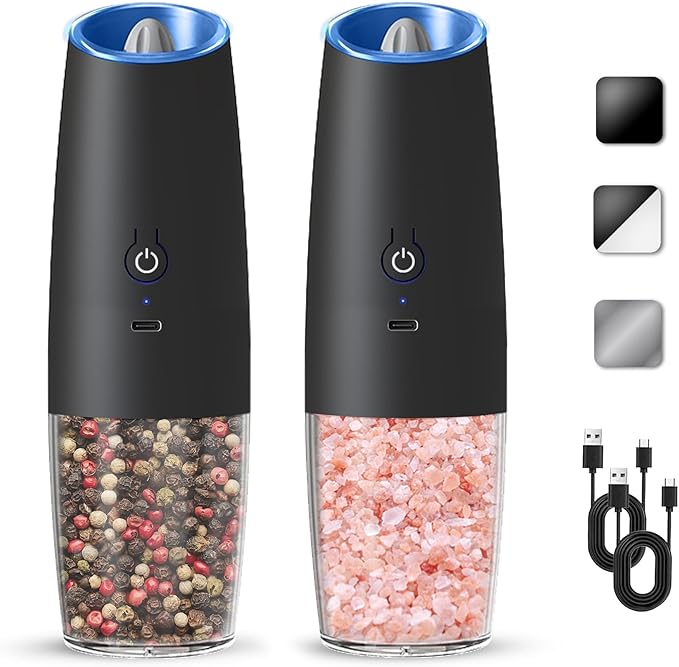 Rechargeable Electric Salt And Pepper Grinder Set, Automatic Gravity Electric Salt And Pepper Grinder Set, Adjustable Roughness, Led Light, 2 Pack, (Black)