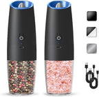 Rechargeable Electric Salt And Pepper Grinder Set, Automatic Gravity Electric Salt And Pepper Grinder Set, Adjustable Roughness, Led Light, 2 Pack, (Black)