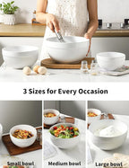 Large Ceramic Mixing Bowls, White Kitchen Bowls (1QT/2.3QT/4.6QT), Set of 3 Nesting Bowls for Baking, Cooking, Serving, Prepping, Dough Bread Making Bowl, Microwave and Dishwasher Safe