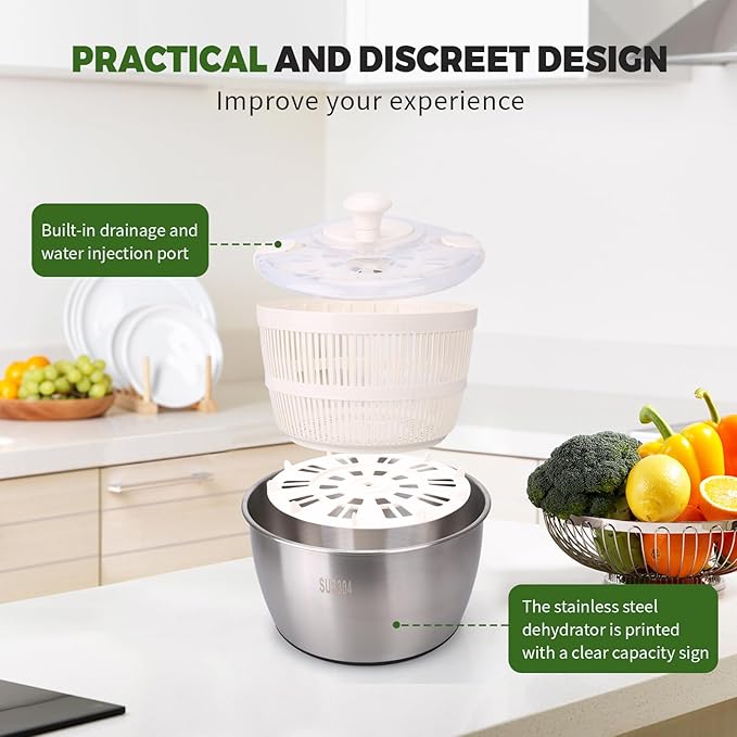 Stainless Steel Salad Rotator, 5-quart Vegetable Dishwasher,Lettuce Cleaner and Dryer, Salad Spinner