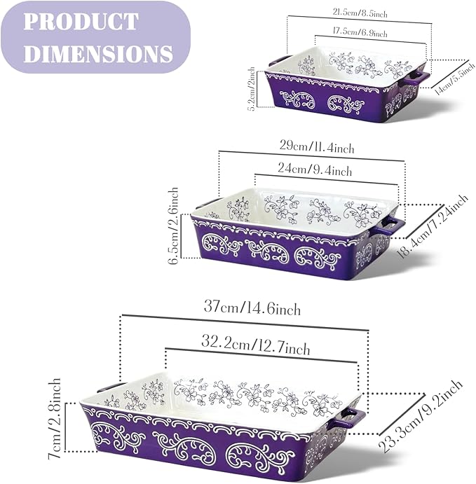 Domini Casserole Dishes for Oven, Ceramic Baking Dishes for Oven Set of 3, Lasagna Pan Deep, Baking Pan Set Square Casserole Dish Set with Handles for Baking, Pattern Purple(14.6+11.4+8.5inch)Christmas