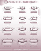 12-Pack Glass Containers with Tempered Lids – Borosilicate, Oven-Safe(-4°F~950°F), Airtight, BPA-Free, Multi-Size for Meal Prep, Dishwasher Safe (Pink)