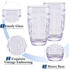CREATIVELAND Colored Vintage Drinking Glasses Set of 4, 15.5 oz Romantic Embossed Water Glasses, Colored Tumblers Tempered Glass for Juice, Beverages, Beer, Cocktail