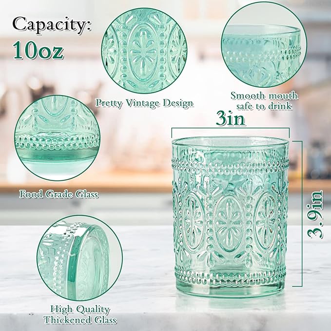 abrwyy Glassware set of 4, Vintage Drinking Glasses, 10oz Heavy Duty Glass Cups, Colored Glassware Set, Embossed Glasses Set for Party Wedding Home Office Glassesware Gift