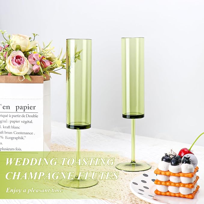 24 PCS Green Champagne Flutes Plastic 5.4OZ Clear Acrylic Champagne Glasses Long Stem Champagne Flutes Sparkling Wine Glasses Sage Green Champagne Glasses FOR Wedding Cocktail Cups Cava Prosecco