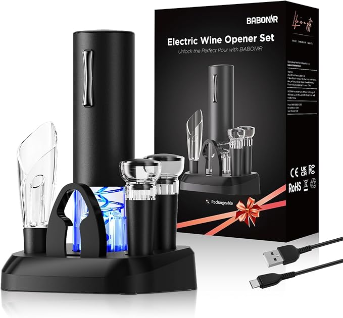 Electric Wine Opener Set, 7-in-1 Wine Gift Set with Charging Base, Foil Cutter, Aerator Pourer, 2 Vacuum Stoppers, Automatic Corkscrew, Wine Saver Kit, Holiday Christmas Gift for Men & Women