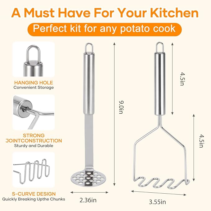 2 Pcs Potato Masher for Potatoes, 9 Inches Stainless Steel Wire Mashed Potato Ricer, Potatoes Mashers Set for Bean, Vegetable, Fruits, Avocados, Meat Etc.