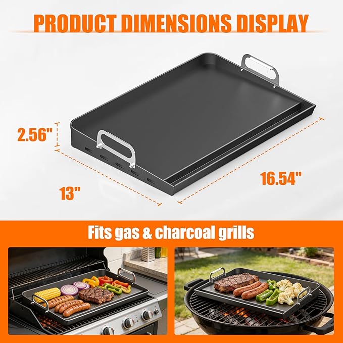 16" x 13" Cast Iron Nonstick Grill Griddle for Gas & Charcoal Grills, Flat Top BBQ Griddle Plate with Grease Groove & Removable Handle, Universal Fit for Outdoor & Home Cooking, Tailgating