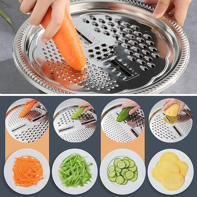Germany Multifunctional Stainless Steel Basin, 3 in 1 Vegetable Grater Julienne Slicer Stainless Steel Colander, Fruit Slicer for Kitchen Vegetable Slicer Grater Strainer Drain Basket (10.2in, Silver)