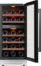 Ca'Lefort 15 Inch Wine Fridge, 28 Bottle Wine Cooler Refrigerator, 40-65°F Wine Refrigerator Glass Door, 3 LED Dual Zone Wine Fridge, Built-in or Freestanding Fridge for Home/Bar/Kitchen (3.0 cu.ft)