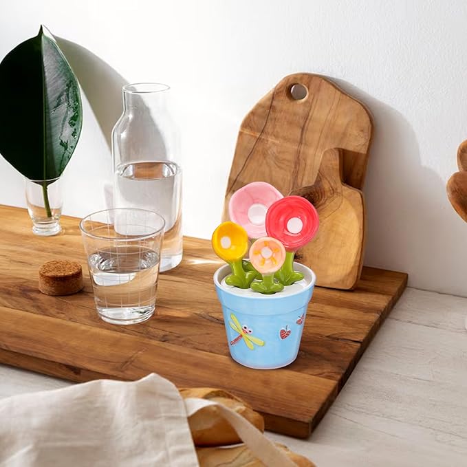 Flower Measuring Spoons Set in Pot - Ceramic Baking Measuring Spoons with Holder for Dry & Wet Ingredients - Cute Flower Figurine - 1 Tbsp, 1 Tsp, 1/2 Tsp, 1/4 Tsp - Unique Gift, Dishwasher Safe(Blue）