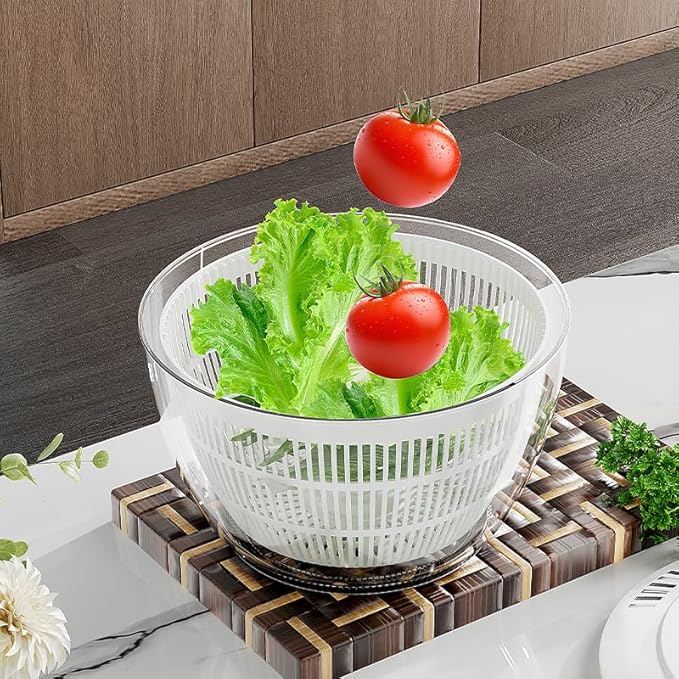 BREZINA Salad Spinner 6.3 QT with Easy Push Handle & Brake – Large Lettuce Dryer & Vegetable Washer, One-Handed Operation, BPA-Free Bowl & Colander for Salad, Fruits & Herbs – White