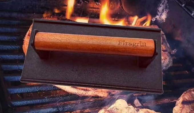 Firsgrill Burger Press 6.6" Round Heavy-Duty Cast Iron Smash Meat Steak with Wood Handle for Blackstone Weber Treager Griddle Grills (YPX) (6.5" Round & 4.3X8.3 Rectangle)