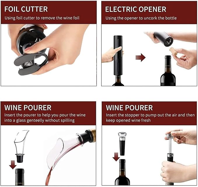 Electric Corkscrew Set with Battery, Drip-free Pourer, Wine Vacuum Stopper, and Foil Cutter, Gift Set, Black (SET USB)