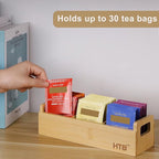 HTB Small Tea Bag Holder, Bamboo Tea Organizer 3 Compartments for Beverage Suppliers, Sugar, Sweeteners, Individual Packets, Portable Tea Bag Organizer for Home Kitchen Counter or Office
