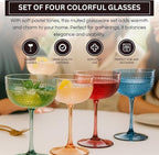 Khen Muted Hobnail Coupes Vintage Textured Pastel Style Cocktail Martini Champagne Saucer Retro Colored Glass Goblets |Set of 4 | 10.15oz Durable Glassware Decorative Barware Classic Party Drink