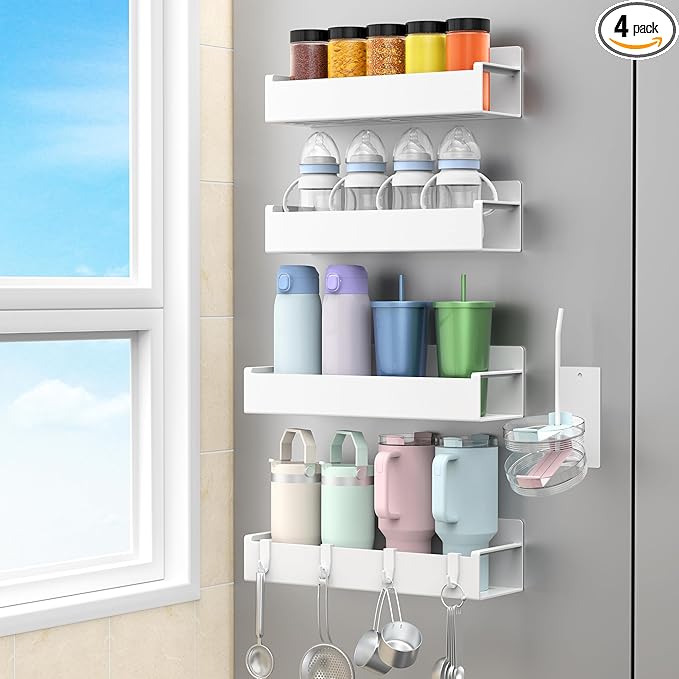 HuggieGems Magnetic Water Bottle Holder for Refrigerator, Cup Holder Organizer for Stanley and Tumbler for Kitchen, 4 Pack, White