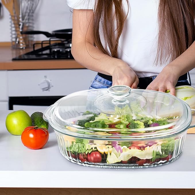 Luvan 2.8L/3Qt Glass Casserole Dish with Lid, Ribbed Oval Glass Baking Dish for Oven & Microwave, Clear Lead-Free Covered Casserole Cookware, Versatile Deep Glasses Food Container for Baking, Cooking