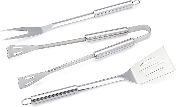 Amazon Basics 4-Piece Stainless Steel BBQ Grilling Tool Set with Carry Bag, Rust-Resistant, Dishwasher Safe