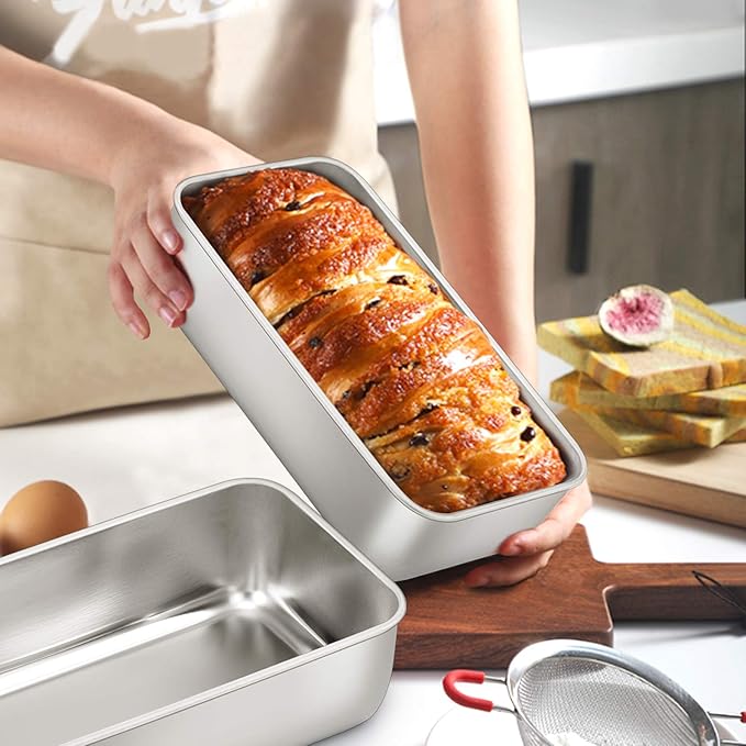 E-far Loaf Pan for Baking Bread, 9 x 5 Inch Stainless Steel Baking Loaf Pans, Metal Bakeware for Bread Meatloaf Cake Brownies, Healthy & Non Toxic, Easy Release & Dishwasher Safe - Set of 2