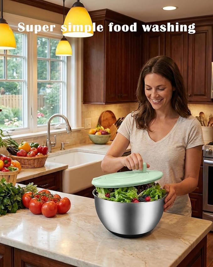 5.3QT Salad Spinner Large,Stainless Steel Lettuce Spinner,Fruit Vegetables Wash Bowl with 5 Blade Slicer,Egg Yolk Strainer Slicer Shredder,Kitchen Colander for Salad Make and Food Washing