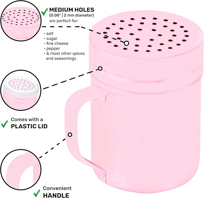 CUSINIUM 10oz Pink Stainless Steel Salt Pepper Dredge Shakers - With Plastic Cap - With Handle - Pack of 2