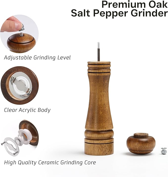 Wood Salt and Pepper Grinder, Salt Grinder and Pepper Mill, Oak Wood Shakers with Adjustable Ceramic Grinders (8″ - 1 Pack with Tray)