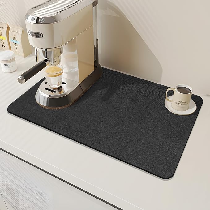 Findosom Dish Drying Mat, 16"x 24" Super Absorbent & Hide Stain Coffee Mat, Cuttable Drying Mat for Kitchen Counter, Coffee Bar Accessories, Under Dish Rack, Coffee Maker, Espresso Machine, Black-2