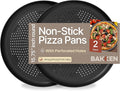 Bakken 16 Inch Non-Stick Pizza Pan 2 Pack, Round Carbon Steel Pizza Tray with Perforated Holes, PFOA, PFOS, & PTFE-Free, Dishwasher & Oven Safe Up To 450°F, Durable Nonstick Coating, Black