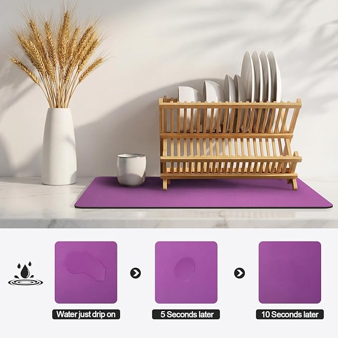 Ecotrim - Dish Drying Mat for Kitchen Counter | Coffee Bar Mat for Countertops | Heat Resistant Drainer Mat with Non-slip Rubber Backed | Hide Stain Kitchen Absorbent Draining Mat | Purple 18"x32"