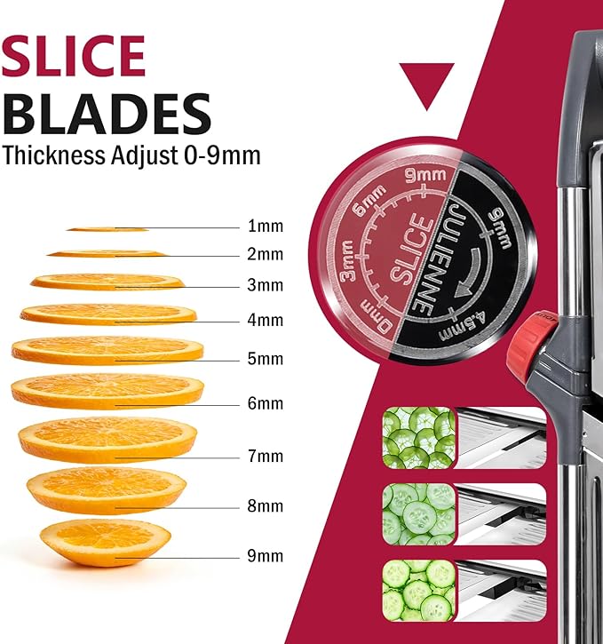 Masthome Adjustable Mandoline Food Slicer, Mandoline Slicer for Kitchen, Stainless Steel Mandolin, Fruit and Vegetable Cutter with Cut-Resistant Gloves and Cleaning Brush-Red