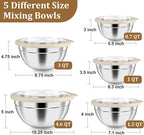 P&P CHEF Mixing Bowls with Visible Airtight Lids Set of 5, 10-Piece Stainless Steel Mixing Nesting Bowl, Metal Bowl with Lid for Kitchen Prepping & Storing, Size 4.6, 3, 1.5, 1, 0.7 QT, Khaki
