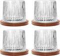 Rotatable Old Fashioned Glass, 275ml/10oz Crystal Whiskey Glass Set of 4, Wood Coaster, Thickening, Used as Rum Glass, Cocktail Cup, Coffee Cup, Milk Cup to Relax and Reduce Stress, Christmas gifts