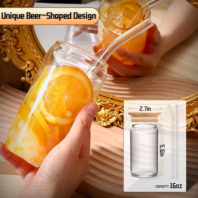 Glass Cups with Lids and Straws 6 pcs, 16 oz-DWTS Cute Tumbler,Beer Drinking Glasses,Clear for Iced Coffee, Tea with Bamboo Lids for Gifts
