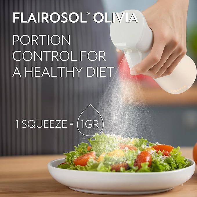 FLAIROSOL OLIVIA SIGNATURE Advanced Kitchen Oil Sprayer Technology, Fine Mist & Portion Control, Refillable Glass Olive Oil Cooking Spray Bottle for Air Fryer, Salad, BBQ, 200ml (White, Gold)