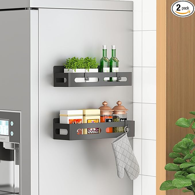 Sevenblue 2 Pack Strong Magnetic Spice Rack for Refrigerator, Multipurpose Magnetic Shelf for Fridge with 4 Hooks for kitchen and Bathroom Organization, Black